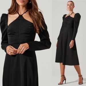 New ASTR The Label Cinched Halter Tie Satin Midi Dress in Black Size S